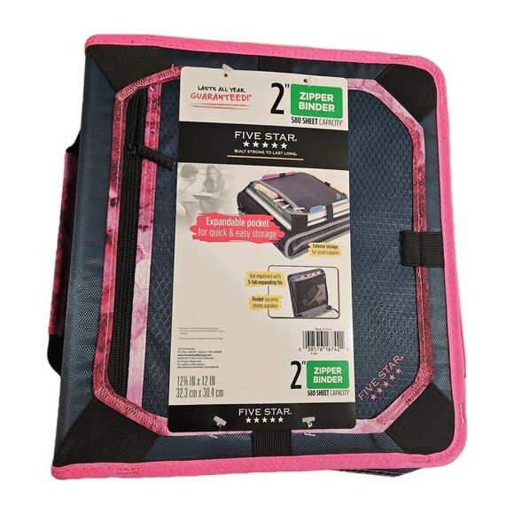 Five Star 2" Sewn Zipper Binder with Expansion Panel in Navy/Pink - Picture 1 of 6
